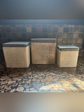 Harley-Davidson Cream Ceramic Canister Set with Gray Lids